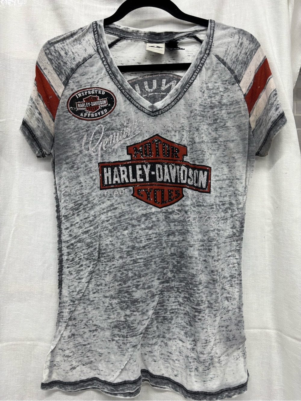 Harley-Davidson Women's Gray Burnout V-Neck Tee with Orange Logo Accents